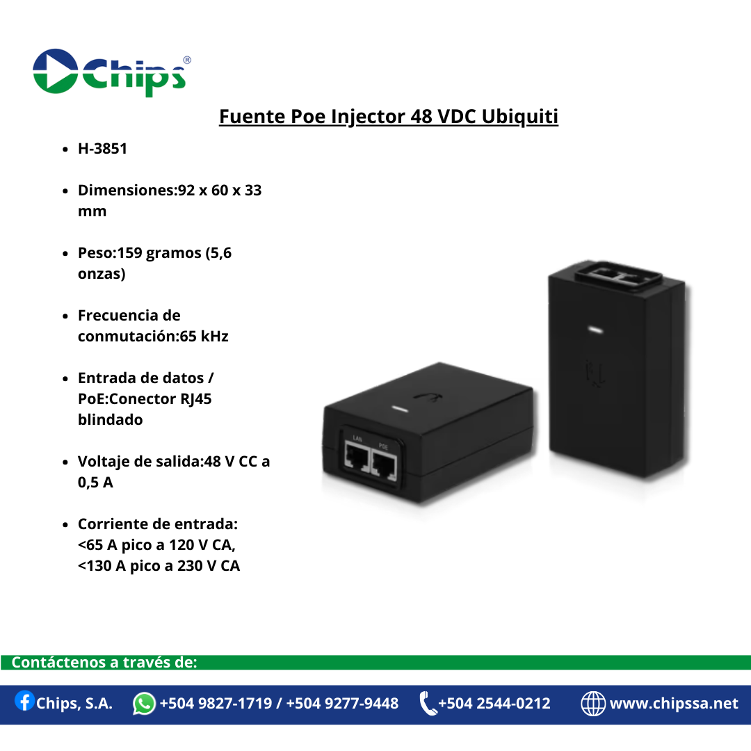 FUENTE POE INJERTOR 48 VDC UBIQUITI H-3851 - Imagen 2