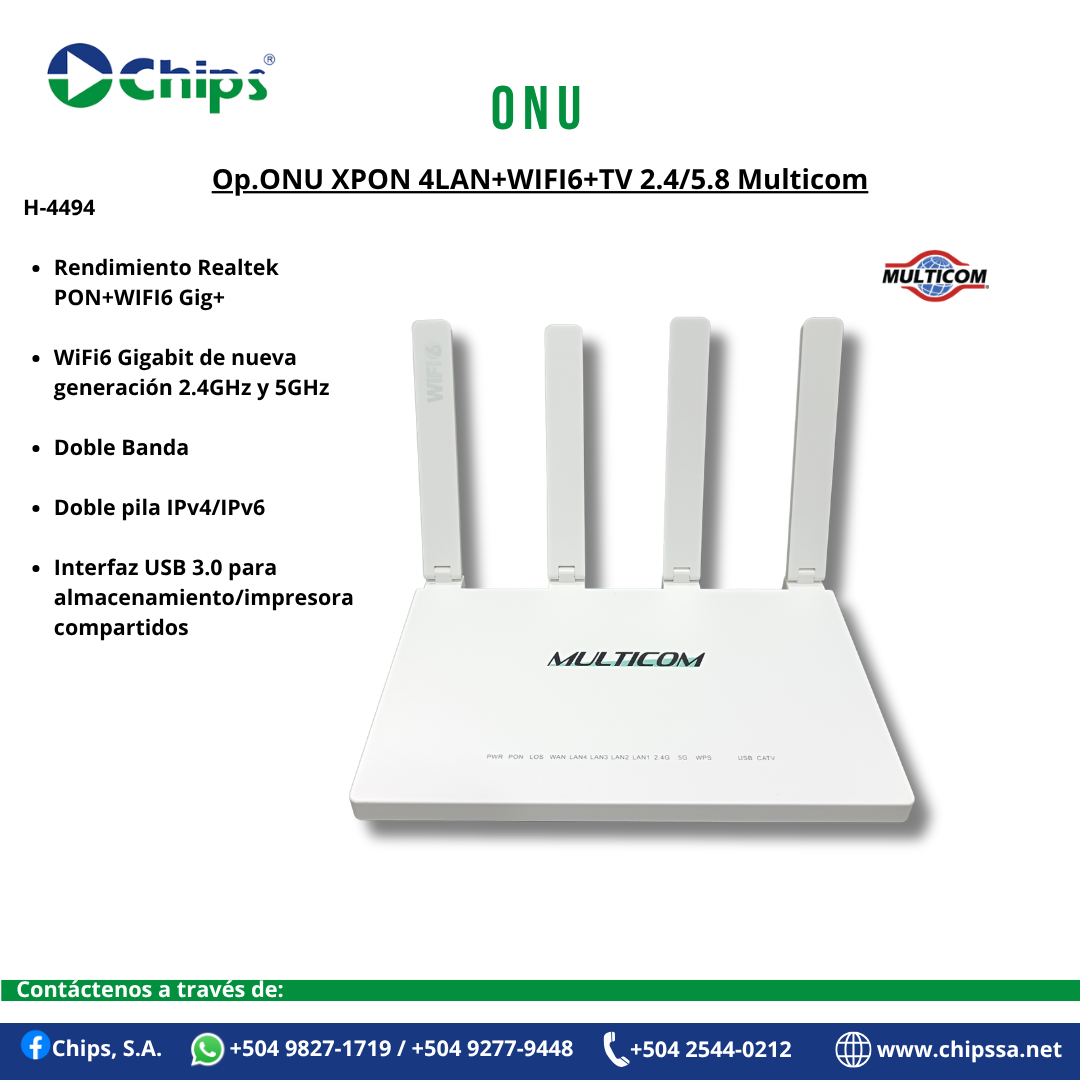 OP.ONU XPON 4LAN+WIFI6+TV 2.4/5.8 MULTICOM H-4494 - Imagen 2